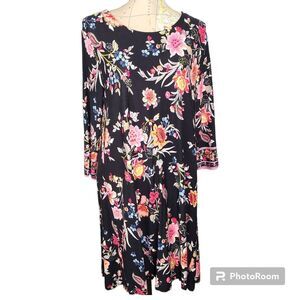 NEW Loft Size Large Black Bohemian Colorful Floral Back Neck Tie Shift Dress